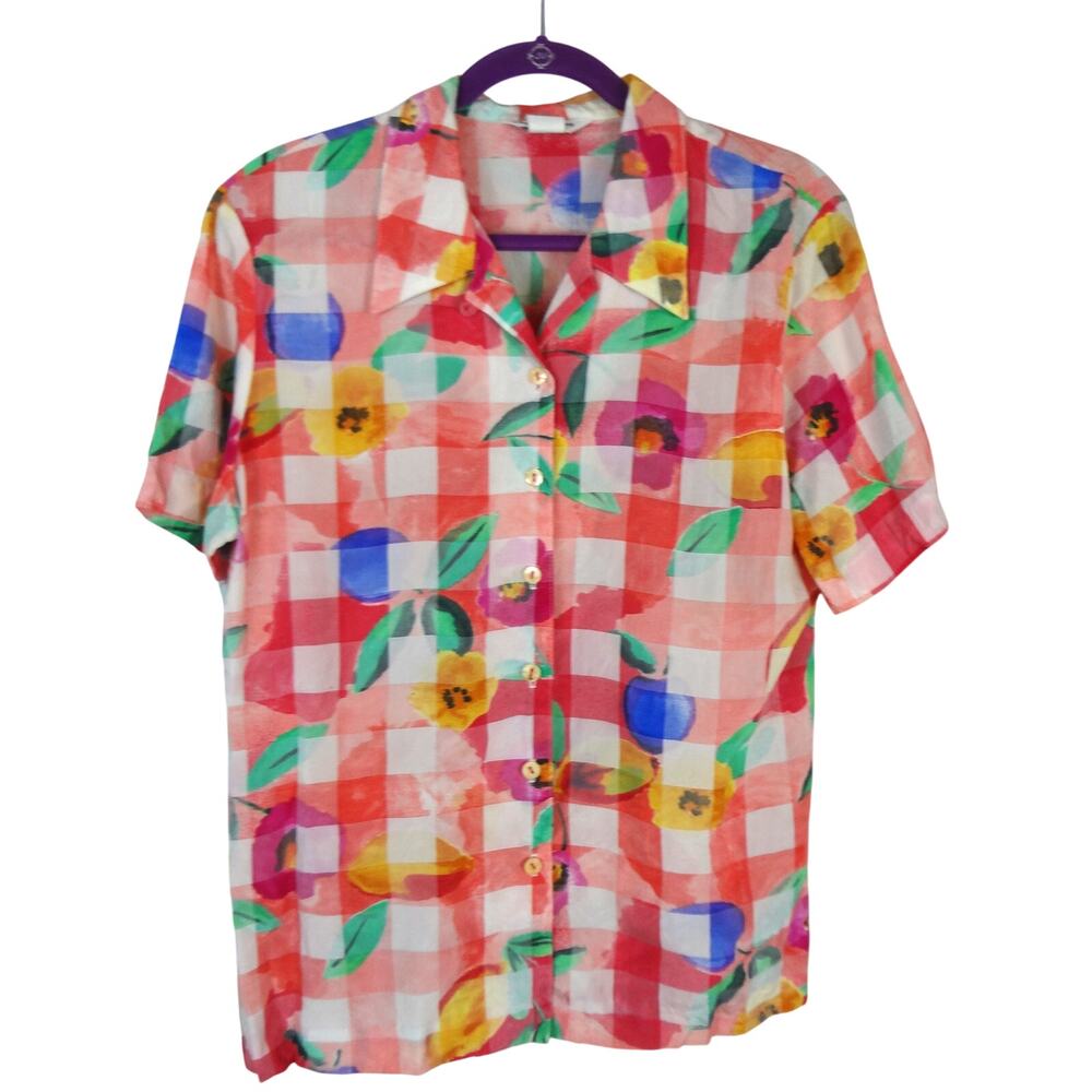 Vintage 90s Sharon Young Floral Plaid Check Button Down Top Cottagecore Summer 8